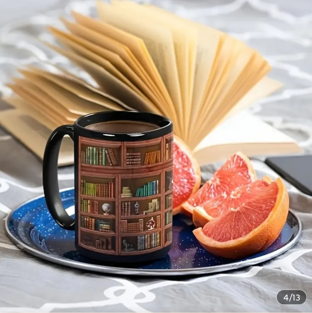 Library Books Pattern Ceramic Mug - Multicolor Bookcase Design